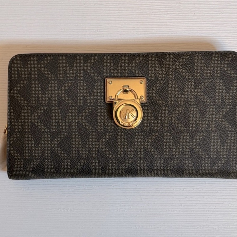 Michael Kors Hamilton Brown & Tan Satchel with Gold Accents and matching wallet - Picture 9 of 14